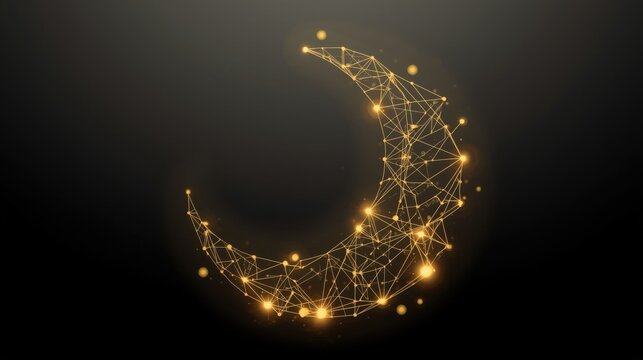Golden crescent shape formed by glowing network lines and dots on dark background abstract digital illustration