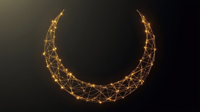 Glowing crescent shape formed by connected golden lines and dots on dark background abstract digital illustration