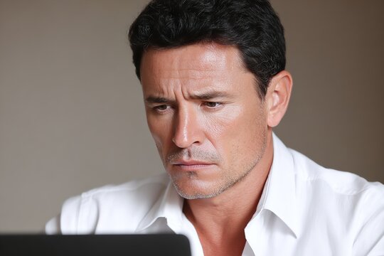 Focused European business man working on laptop