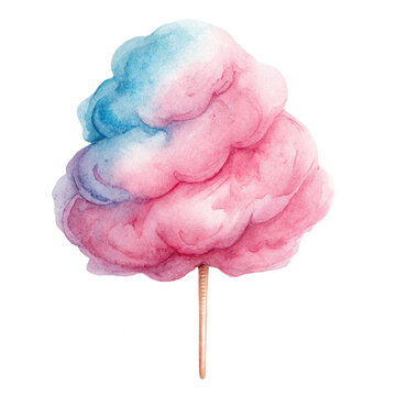 Cute watercolor illustration of a pink and blue cotton candy on a stick isolated on white background