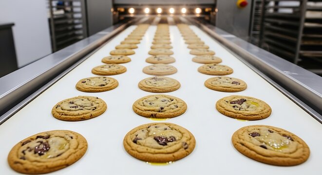 Chocolate chip cookies on conveyor belt.