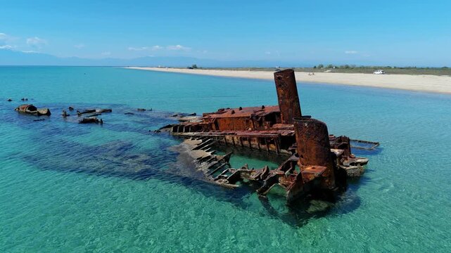 High angle aerial drone view of the historic rusty Epanomi shipwreck submerged in crystal clear turquoise blue sea water near the beach in Greece