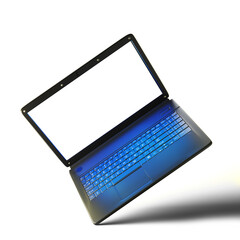 Fototapeta premium Floating open laptop with a blank white screen isolated on a clean white background. 3D render of a futuristic notebook with blue backlit keyboard, cyber tech innovation, and digital device mockup 