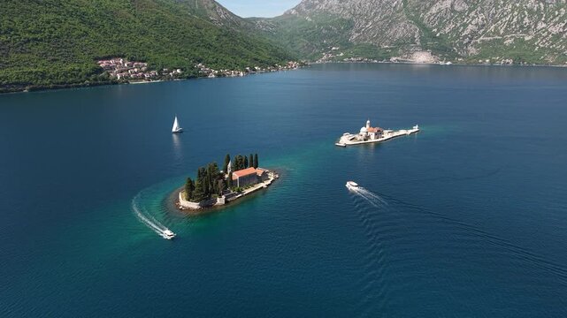 Perast, Montenegro, Drone Shot of Catholic Church and Monastery on Islands in Kotor Bay