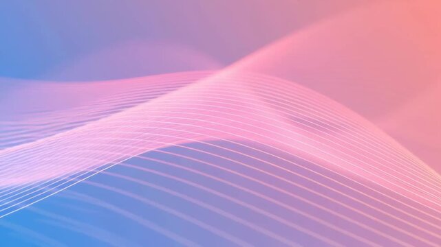 Abstract pastel wave ribbons flowing across a soft pink and blue gradient background. smooth undulating lines move and zoom slightly, creating calm modern decorative motion.