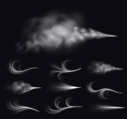 Fototapeta premium Wind currents. Realistic 3D airflow effects. Air flow various shapes. Visible fog jet. Chill of winter. Pressurized steam motion. Cigarette smoking. Vapor trail. Smoky elements vector set