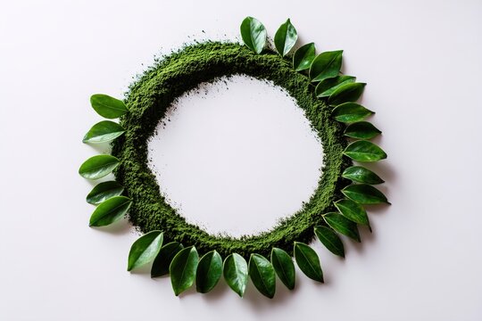 Matcha powder ring on white background with green leaves