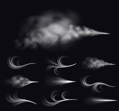 Wind currents. Realistic 3D airflow effects. Air flow various shapes. Visible fog jet. Chill of winter. Pressurized steam motion. Cigarette smoking. Vapor trail. Smoky elements vector set
