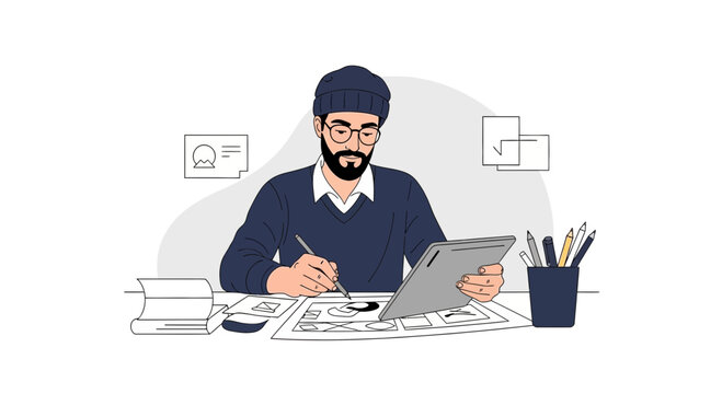 Designer working on UI UX wireframes and digital tablet, creative process