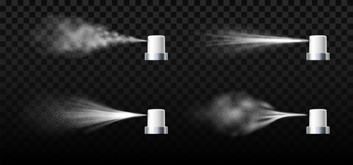 Fototapeta premium Water mist. Realistic pressurized jets of fine liquid droplets and floating particles of perfume gas. 3D sprayers pump lid. Various splash effect. Steam flow. Vector spray clouds set