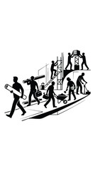 Fototapeta premium Minimal style group workers silhouette vector illustration of construction team working together