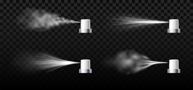Water mist. Realistic pressurized jets of fine liquid droplets and floating particles of perfume gas. 3D sprayers pump lid. Various splash effect. Steam flow. Vector spray clouds set