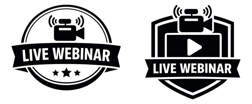 Minimalist graphic live webinar badge set featuring video camera, play button, and wifi symbols for online broadcast and digital education
