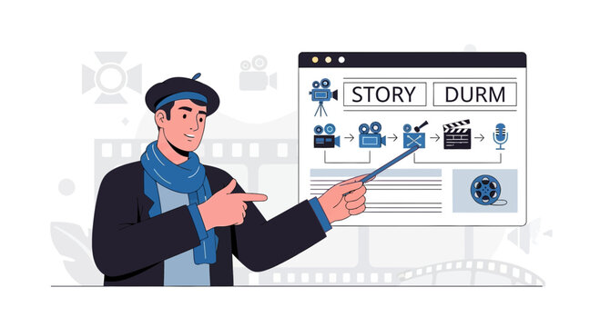 Filmmaker presenting video production process, script to final edit