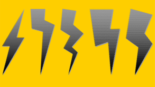 Halftone grunge lightning bolt set. Dotted thunder bolt silhouette.