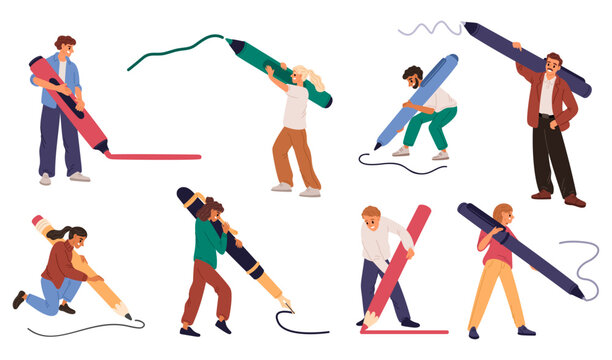 Tiny people hold large pens and pencils in hands. Office stationery. Men and women write. Businesspeople draw with ballpoints. Designers and journalists. Business characters vector set