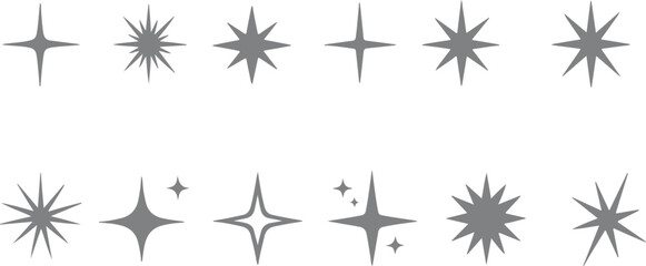 Sparkle and starburst vector icons set with shining stars, twinkle effects, magic sparks and light flares isolated on transparent background. © Parves