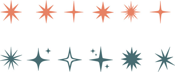 Colorful sparkle and starburst vector icons set with orange and green shining stars, twinkle effects and magic sparks isolated on transparent background. © Parves