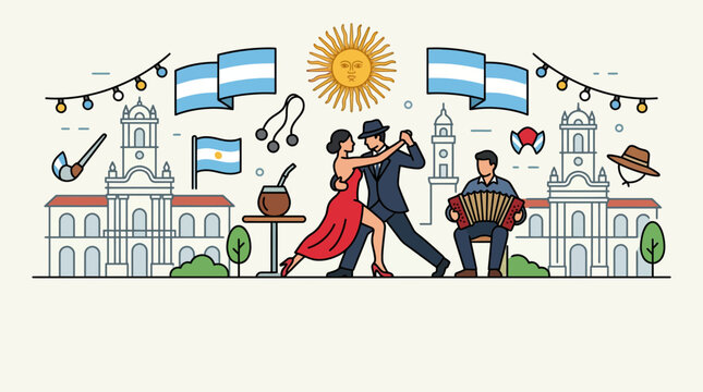 A vibrant illustration of a couple dancing tango in Argentina.
