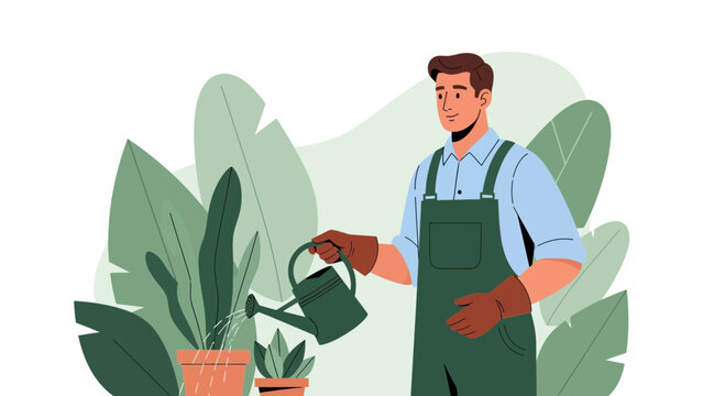 Gardener watering plants with a watering can, surrounded by lush foliage