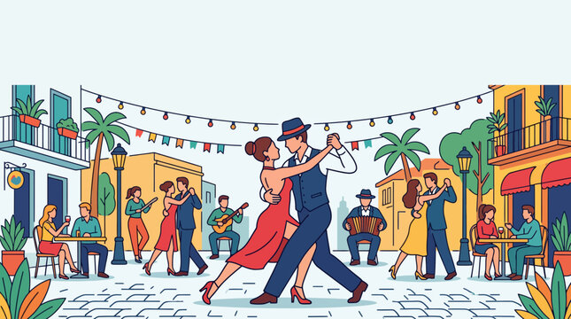 A romantic couple dancing tango in a vibrant city square.