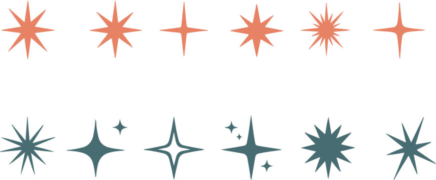 Colorful sparkle and starburst vector icons set with orange and green shining stars, twinkle effects and magic sparks isolated on transparent background.