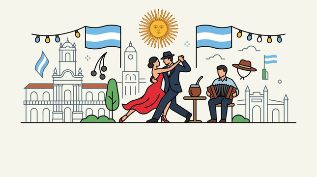 Argentine culture celebration with tango dancers and accordion player illustration.