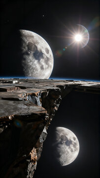 Tri-Stellar Horizon Over Impossible Moons