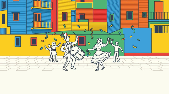 A colorful illustration of street performers and dancers celebrating.