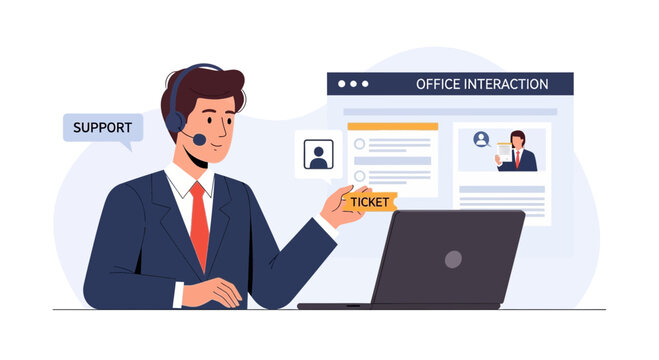 Customer Support Agent with Headset and Ticket at Desk with Laptop