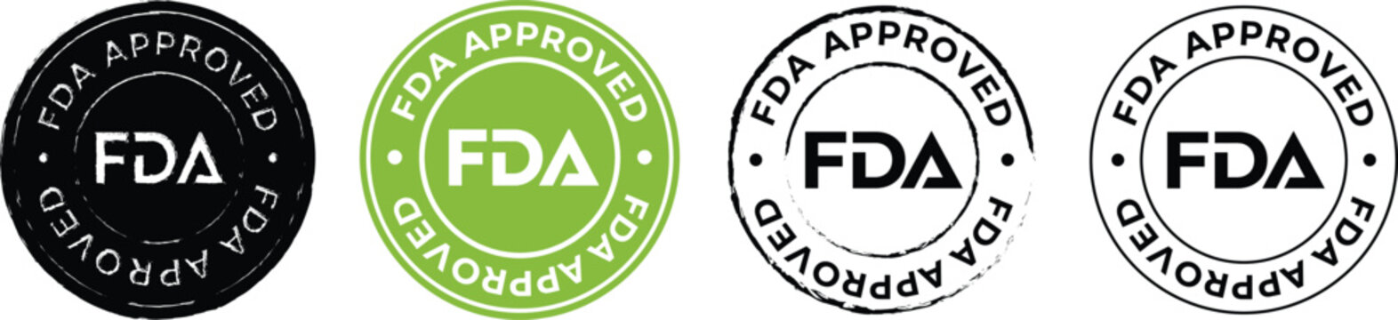 "FDA Approved Stamp Seal Set - Black Green and Outline Circular Certification Labels with Food Drug Administration Badge Vector Collection"