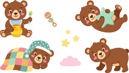 Fototapeta premium Cute Baby Bear Cartoon Character Collection Vector Illustration Featuring Adorable Teddy Animals for Kids Nursery and Children Design Projects