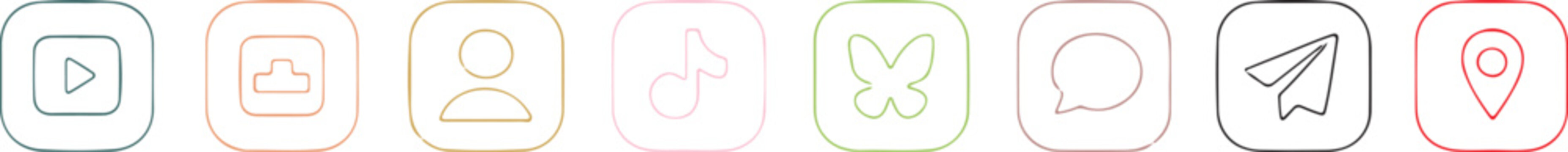 Minimalist pastel line icons set featuring video player, cloud storage, user profile, animal, butterfly, chat, telegram, and map pin location.
