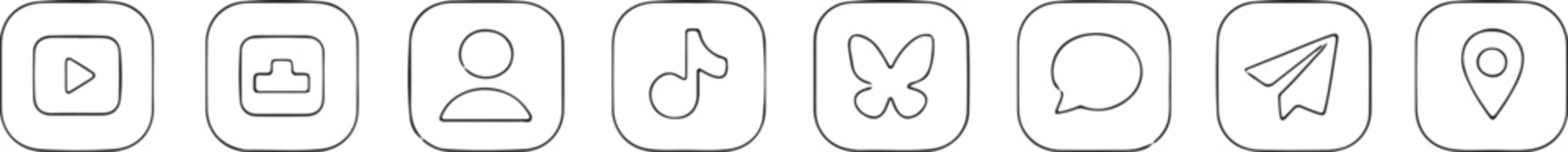 Grey line icons set including video player, cloud storage, profile, TikTok, Bluesky butterfly, chat bubble, paper plane, and map pin location.