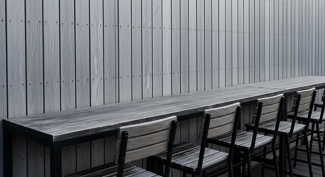 Empty outdoor wooden bar with chairs.