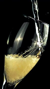 Champagne with foam and air bubbles is poured into the glass. On a black background. Filmed is slow motion 1000 frames per second. High quality FullHD footage