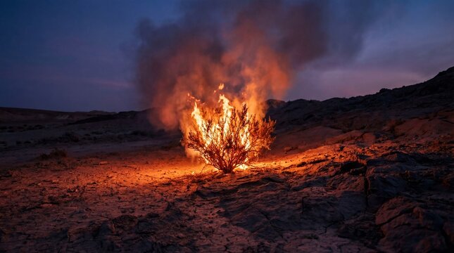 Burning bush on fire appears from Bible concept. A blazing bush fire illuminates the dark desert landscape.