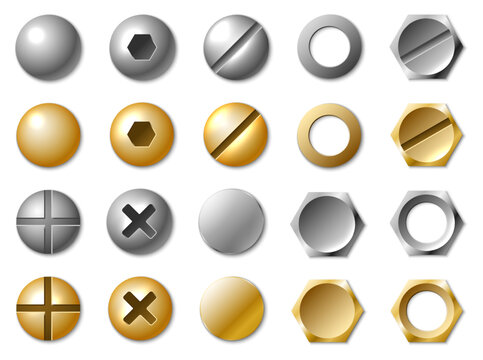 Realistic steel and gold colored fasteners. Screw and bolt heads. Various types of slots. Including straight and cross shaped. Round and hexagon tops. Vector isolated fastenings set