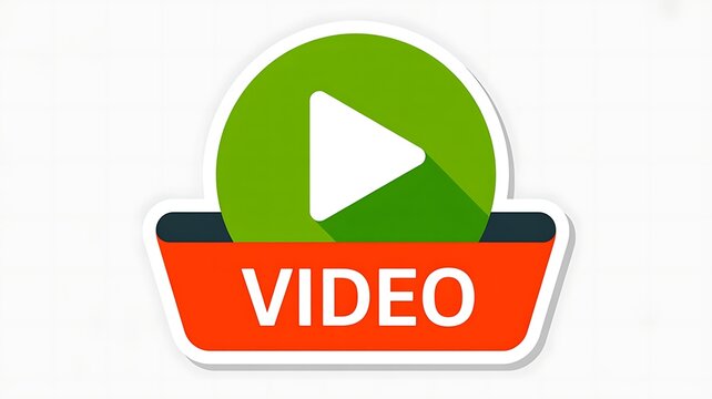 Play button, video icon, green circle, orange label, media symbol