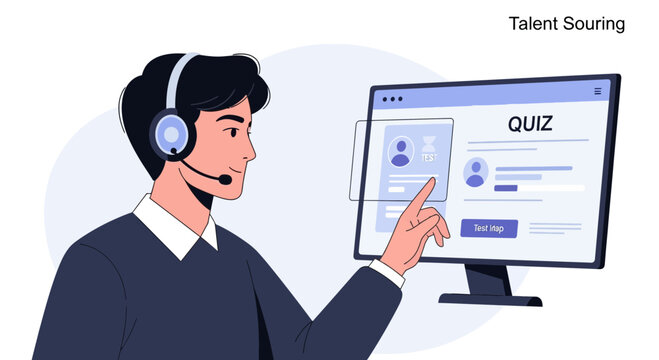 Man with headset interacts with online quiz on computer screen