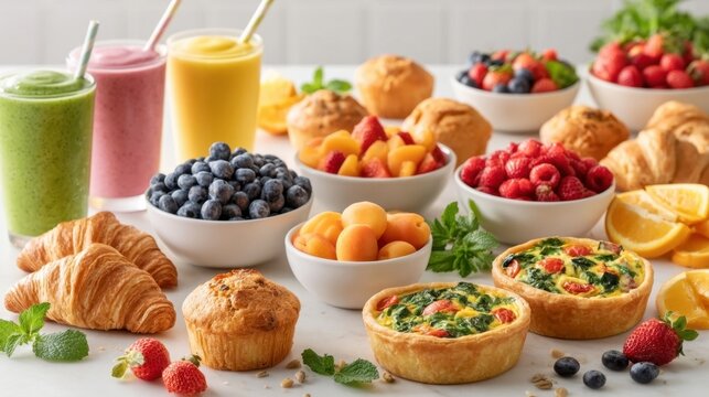Fresh healthy breakfast spread with variety of fruit smoothies, croissant, muffins, fresh berries, apricot, citrus slices, and vegetable quiche in bright kitchen setting