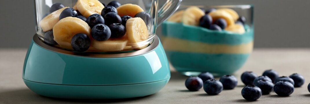 Closeup teal blender base with banana and blueberry pieces for product banner and breakfast food layout