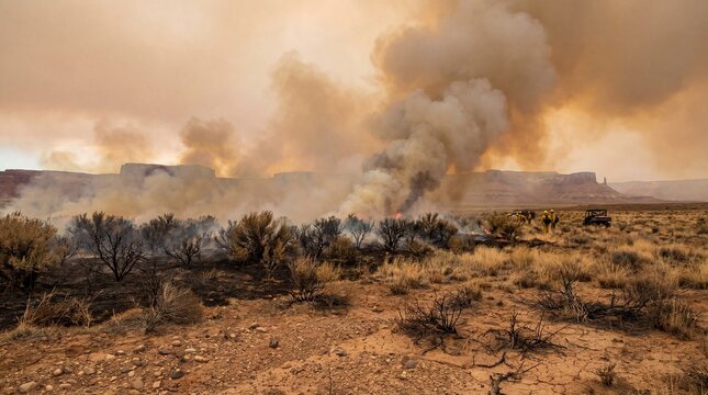 Burning bush on fire appears from Bible concept. A dramatic landscape depicting smoke from a wildfire.