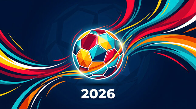 Abstract geometric pattern soccer ball with red, yellow, and blue speed line trails and 2026 year text typography