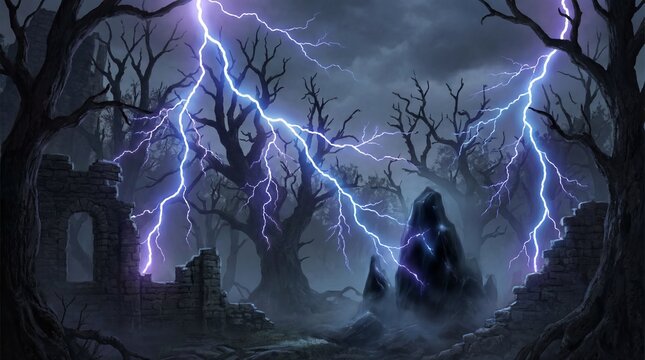 Light and sound energize scenes with lightning strikes concept. A dramatic stormy landscape with lightning and bare trees.