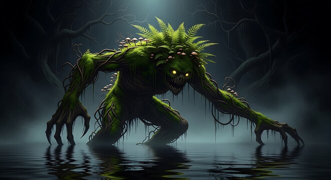 Mystical green creature in dark water.