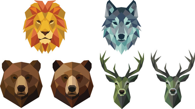 Low Poly Wild Animal Head Collection Vector Illustration Featuring Lion Wolf Bear and Deer Geometric Polygon Design Elements