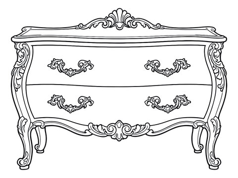 Hand drawn line art illustration of an antique dresser depicting rococo style ornate details for interior design
