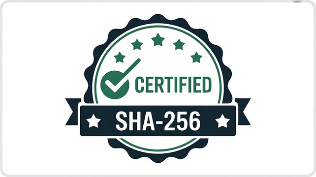Certified, SHA-256, green checkmark, security badge, verification icon, digital seal