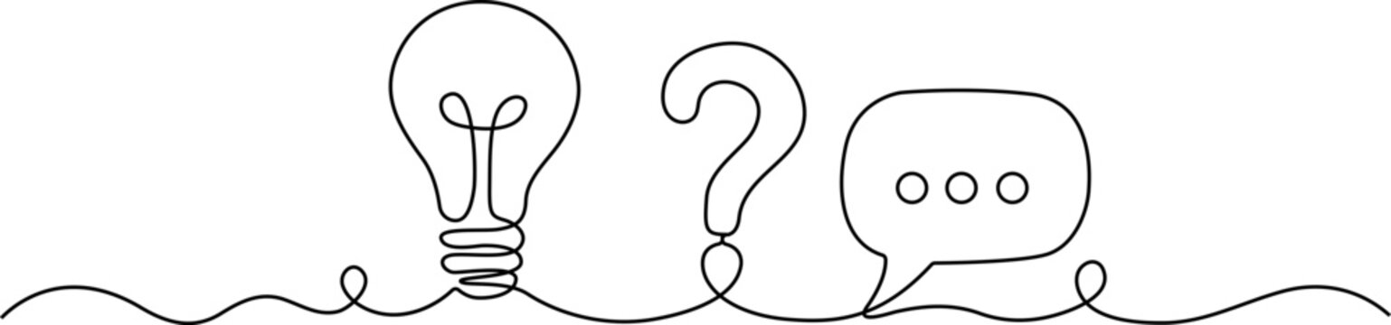 Continuous line drawing Creative ideas, questions, and discussion concept, line art icons, minimalistic design, business and communication symbols